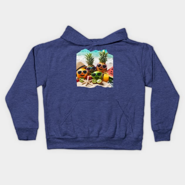 A collection of fruits sunbathing on the beach wearing sunglasses and hats Kids Hoodie by maricetak